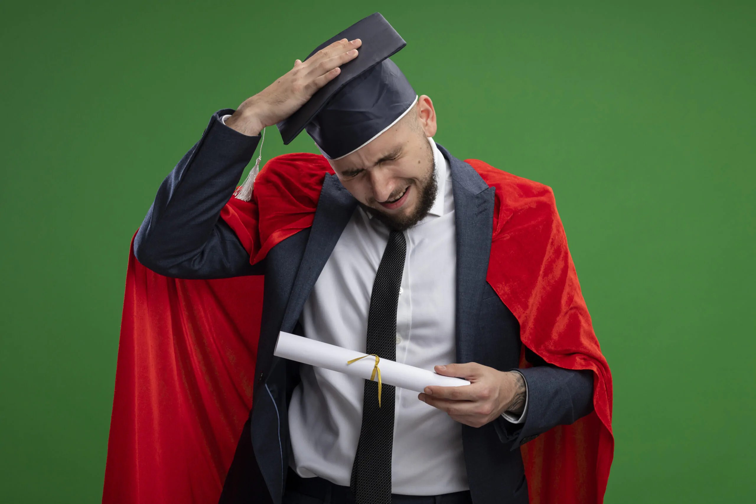 graduated manin red cape holding diploma looking confused with hand on his head for mistake standing over green background habilidades laborales